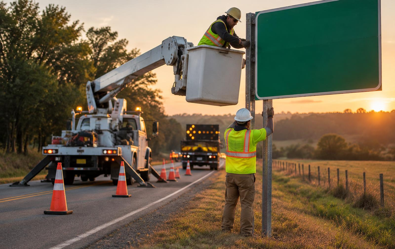Two installers setting a large green roadway sign into place from a bucket truck